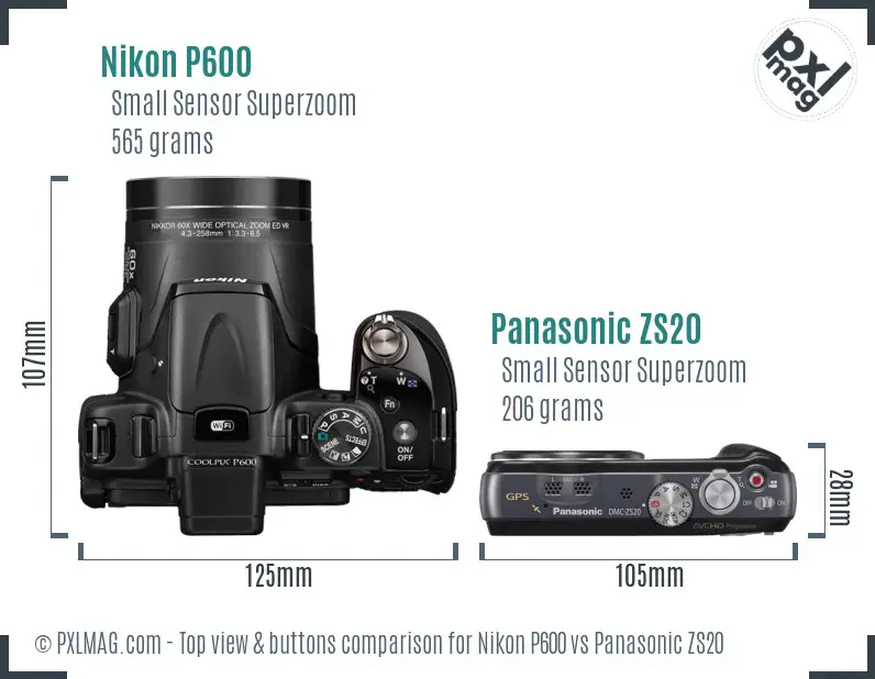 Nikon P600 vs Panasonic ZS20 top view buttons comparison