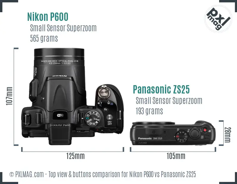 Nikon P600 vs Panasonic ZS25 top view buttons comparison Nikon P600 vs Panasonic ZS25 top view buttons comparison