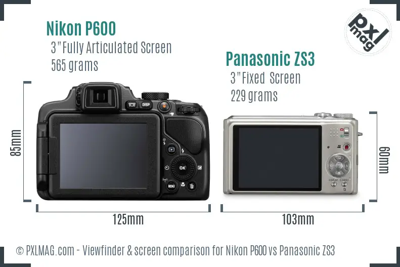 Nikon P600 vs Panasonic ZS3 Screen and Viewfinder comparison