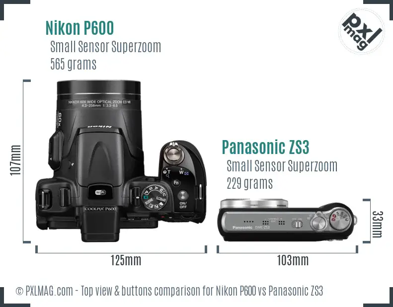 Nikon P600 vs Panasonic ZS3 top view buttons comparison