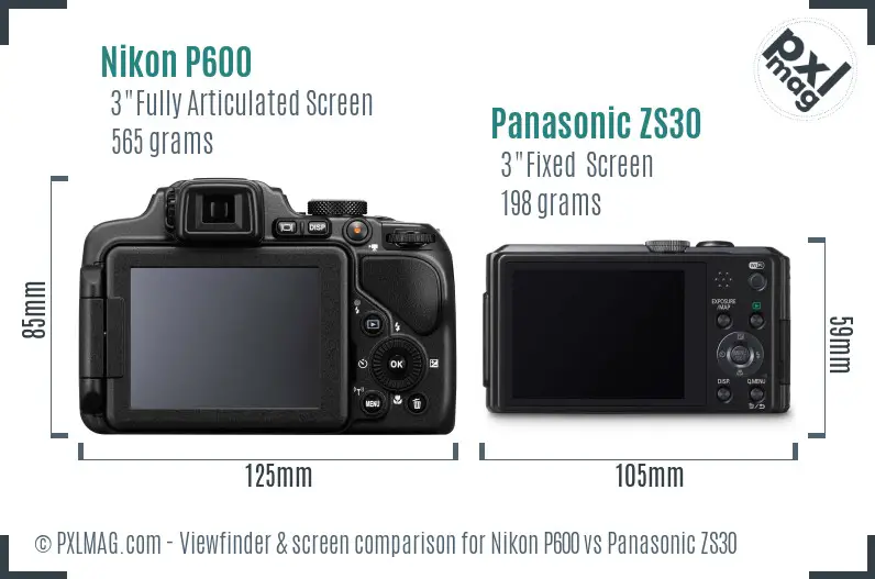 Nikon P600 vs Panasonic ZS30 Screen and Viewfinder comparison