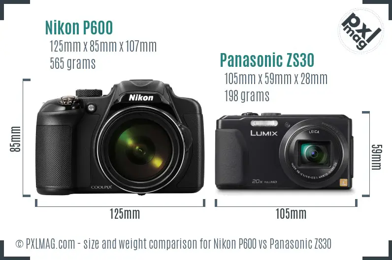 Nikon P600 vs Panasonic ZS30 size comparison