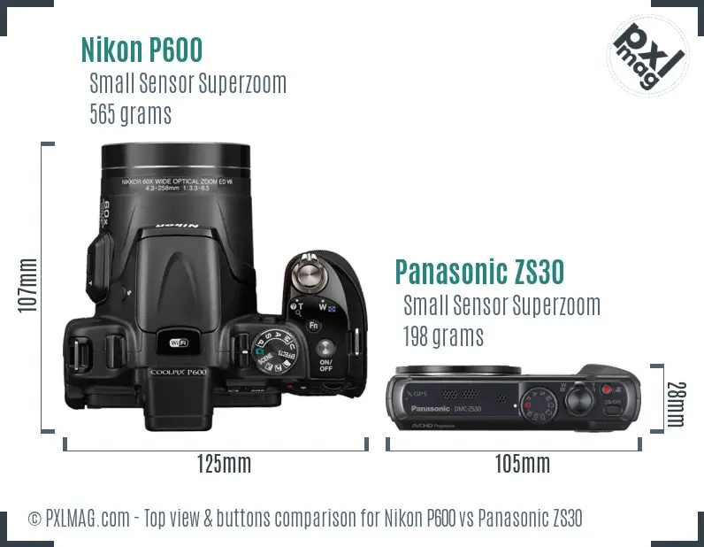 Nikon P600 vs Panasonic ZS30 top view buttons comparison
