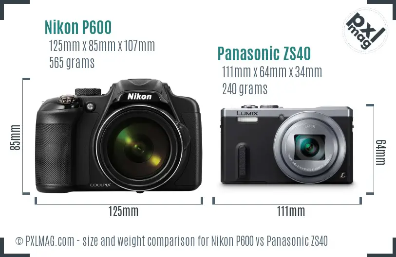 Nikon P600 vs Panasonic ZS40 size comparison