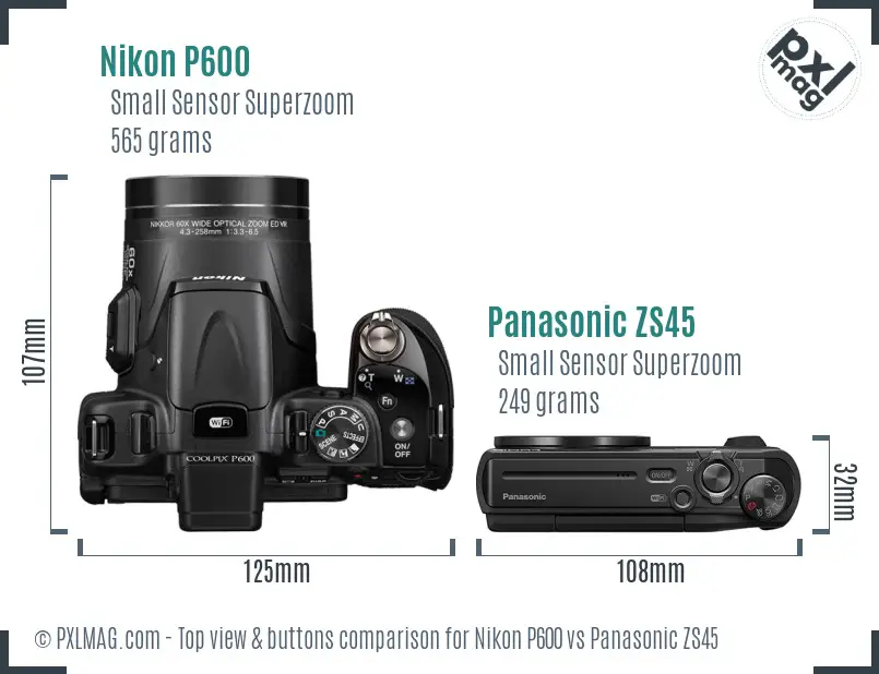 Nikon P600 vs Panasonic ZS45 top view buttons comparison