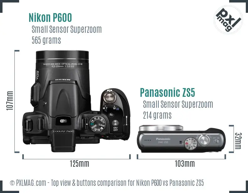 Nikon P600 vs Panasonic ZS5 top view buttons comparison Nikon P600 vs Panasonic ZS5 top view buttons comparison