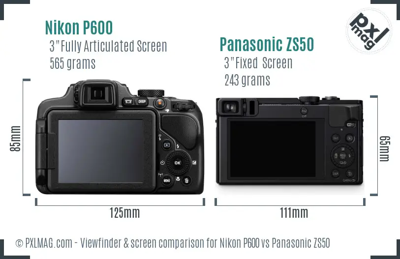 Nikon P600 vs Panasonic ZS50 Screen and Viewfinder comparison