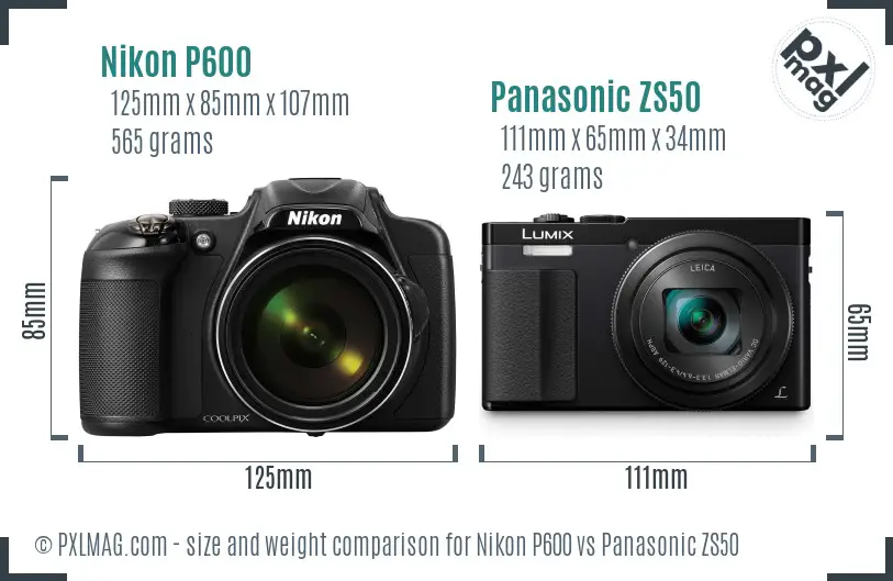 Nikon P600 vs Panasonic ZS50 size comparison