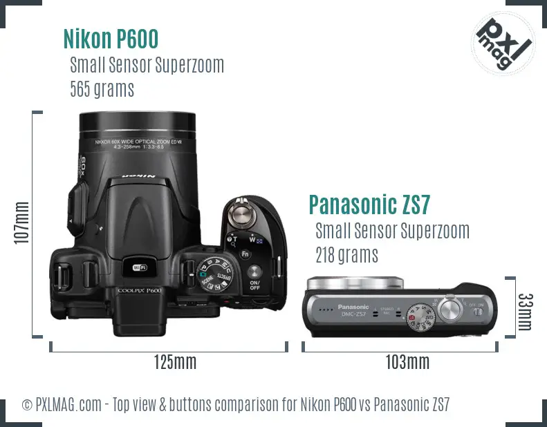 Nikon P600 vs Panasonic ZS7 top view buttons comparison