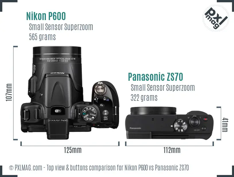 Nikon P600 vs Panasonic ZS70 top view buttons comparison