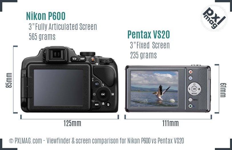 Nikon P600 vs Pentax VS20 Screen and Viewfinder comparison