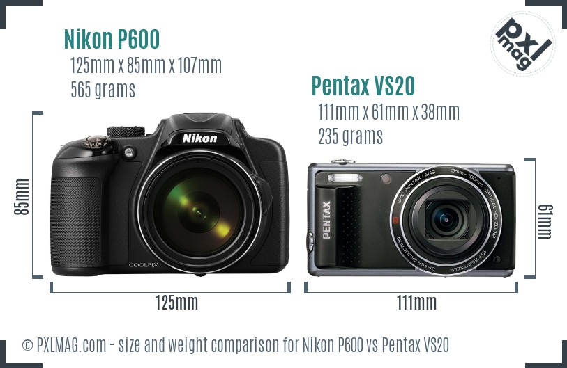 Nikon P600 vs Pentax VS20 size comparison