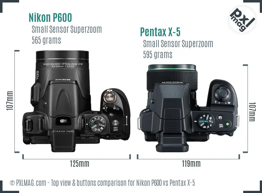 Nikon P600 vs Pentax X-5 top view buttons comparison Nikon P600 vs Pentax X-5 top view buttons comparison