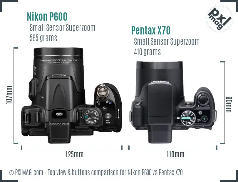 Nikon P600 vs Pentax X70 top view buttons comparison