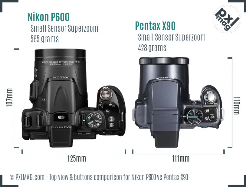 Nikon P600 vs Pentax X90 top view buttons comparison