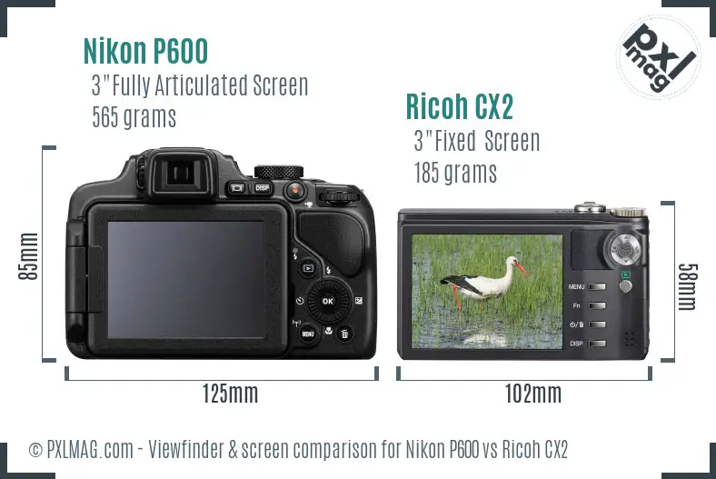 Nikon P600 vs Ricoh CX2 Screen and Viewfinder comparison