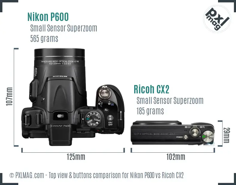 Nikon P600 vs Ricoh CX2 top view buttons comparison