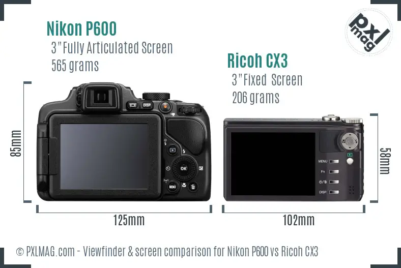 Nikon P600 vs Ricoh CX3 Screen and Viewfinder comparison