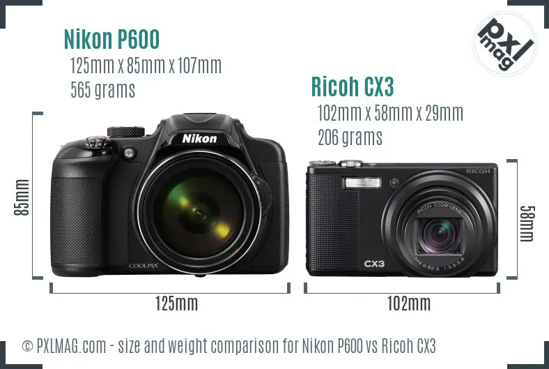 Nikon P600 vs Ricoh CX3 size comparison