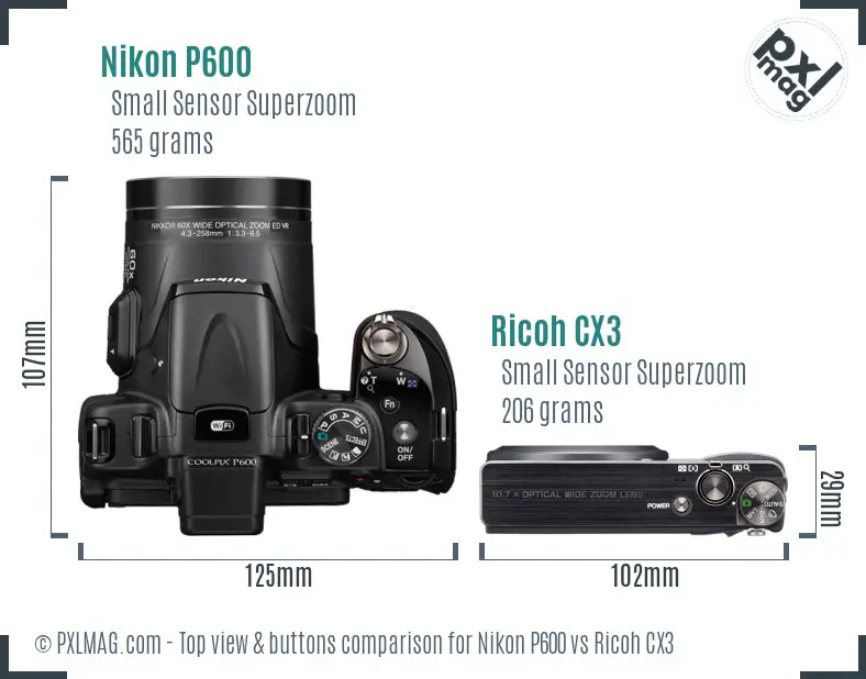 Nikon P600 vs Ricoh CX3 top view buttons comparison