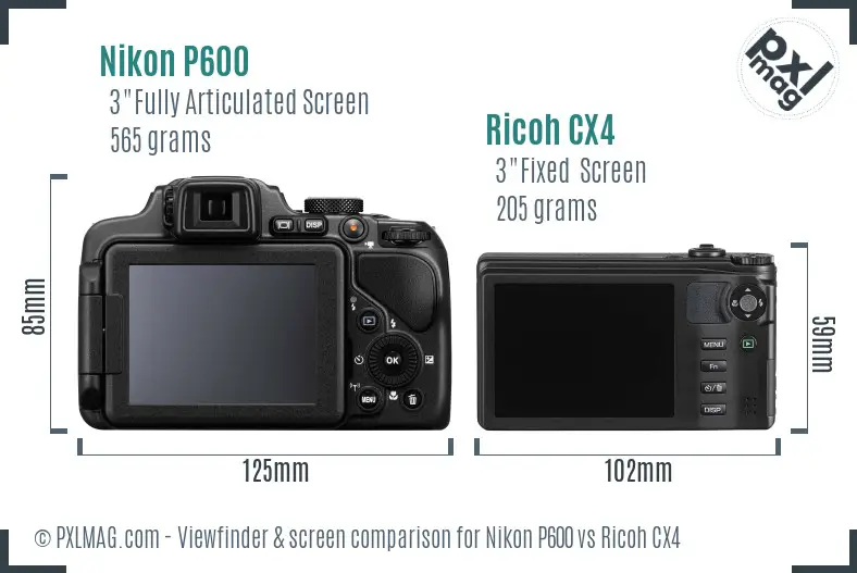 Nikon P600 vs Ricoh CX4 Screen and Viewfinder comparison