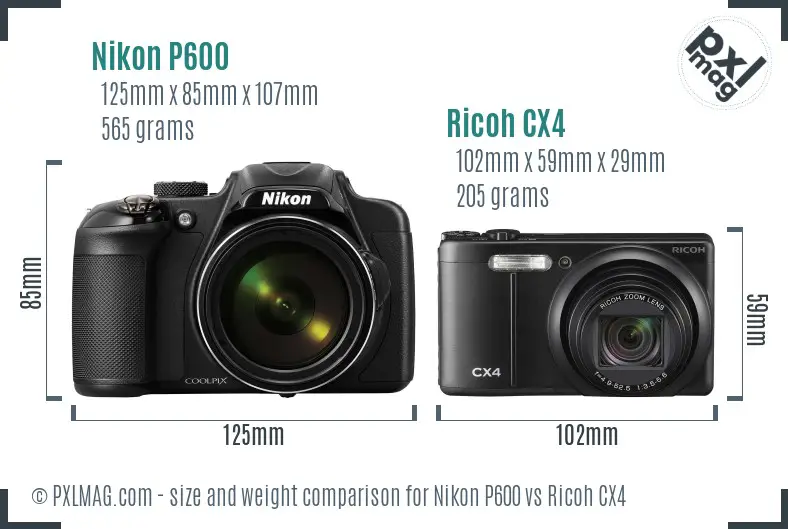 Nikon P600 vs Ricoh CX4 size comparison