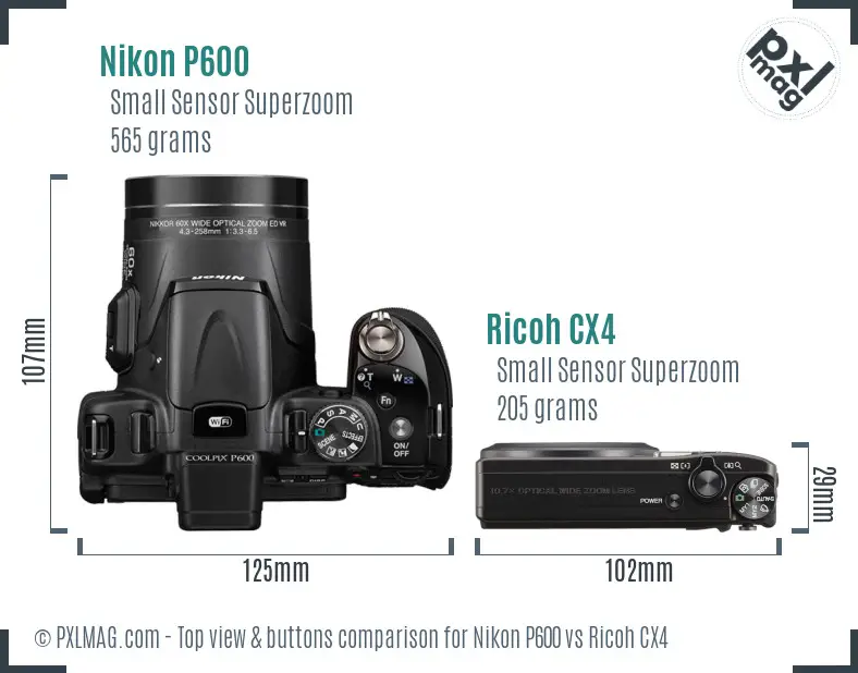 Nikon P600 vs Ricoh CX4 top view buttons comparison