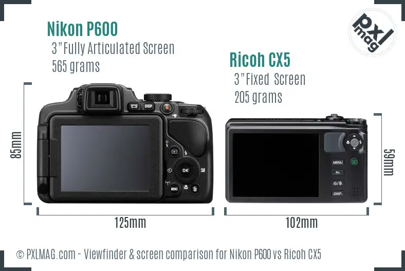 Nikon P600 vs Ricoh CX5 Screen and Viewfinder comparison