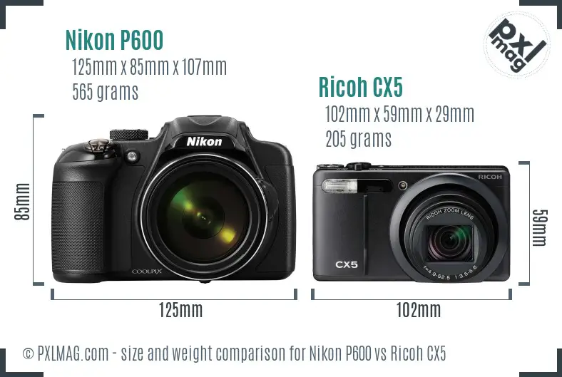 Nikon P600 vs Ricoh CX5 size comparison