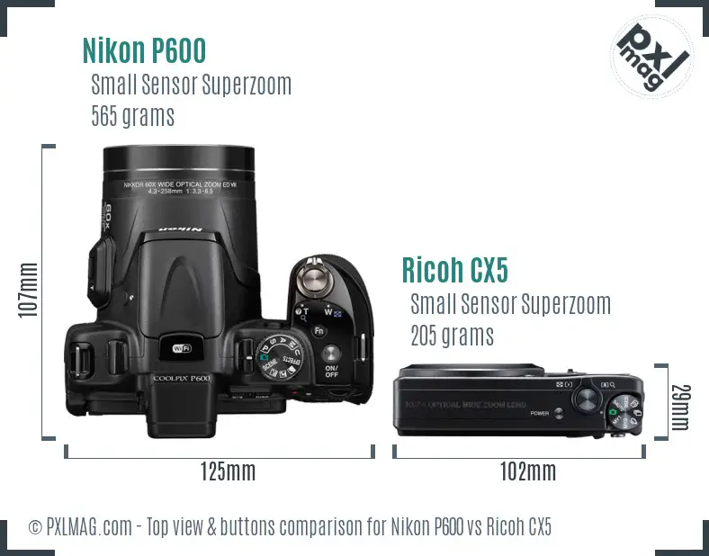 Nikon P600 vs Ricoh CX5 top view buttons comparison