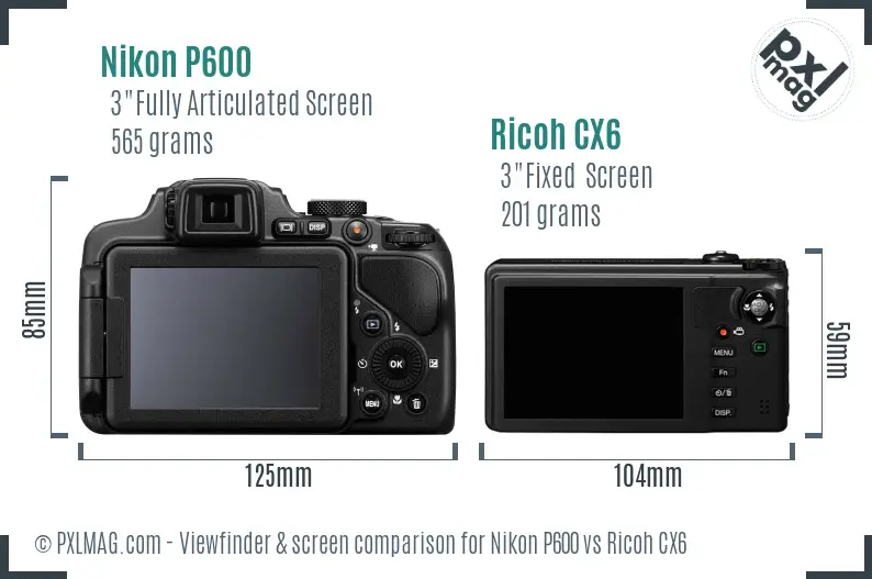 Nikon P600 vs Ricoh CX6 Screen and Viewfinder comparison