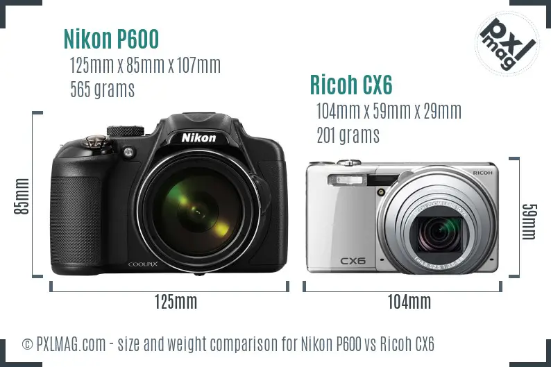 Nikon P600 vs Ricoh CX6 size comparison