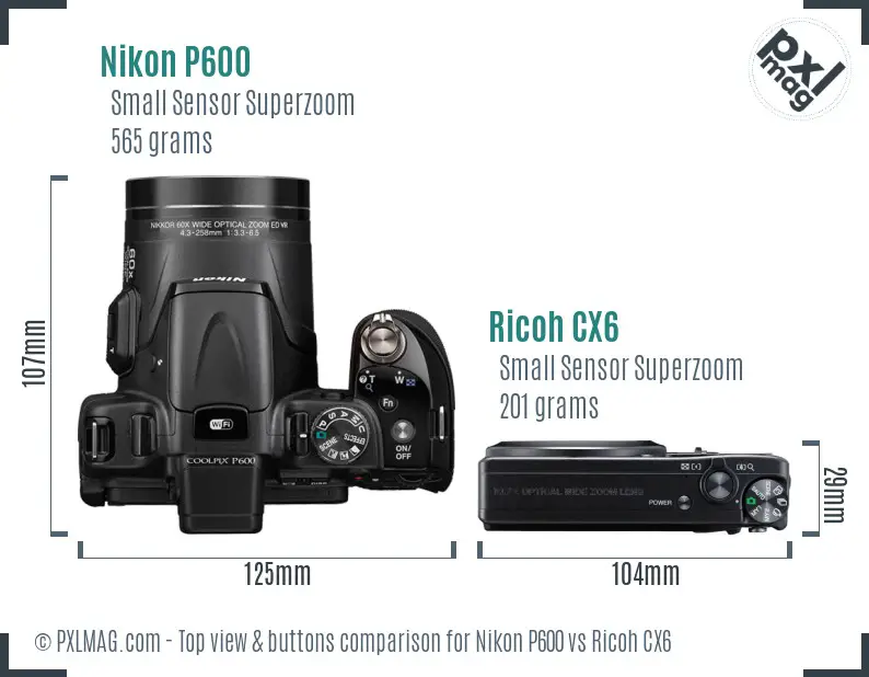 Nikon P600 vs Ricoh CX6 top view buttons comparison