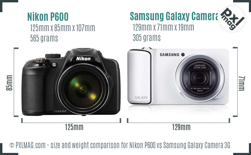 Nikon P600 vs Samsung Galaxy Camera 3G size comparison