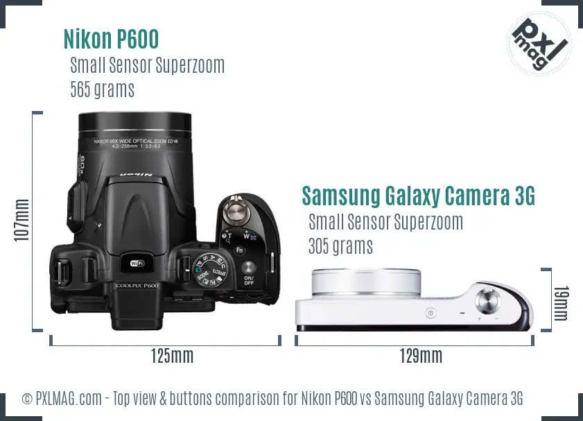 Nikon P600 vs Samsung Galaxy Camera 3G top view buttons comparison
