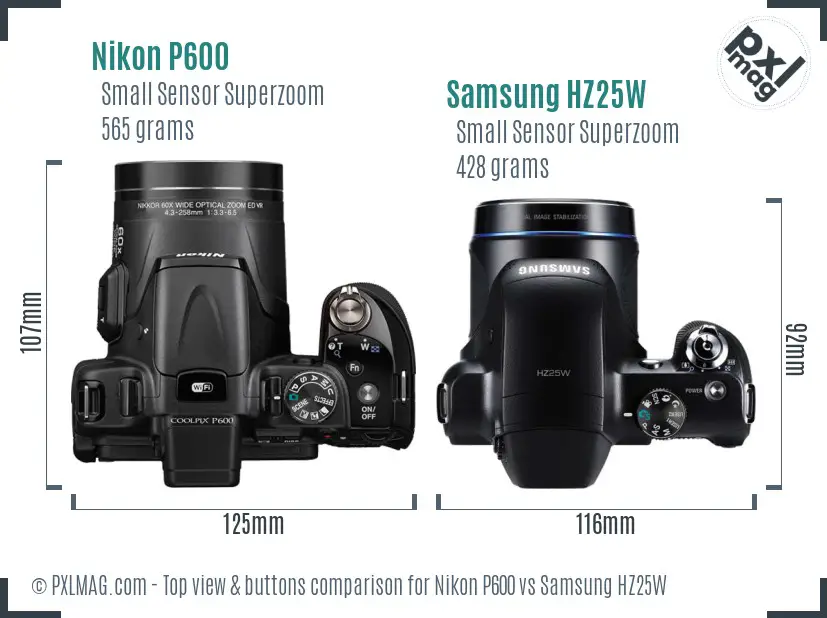 Nikon P600 vs Samsung HZ25W top view buttons comparison