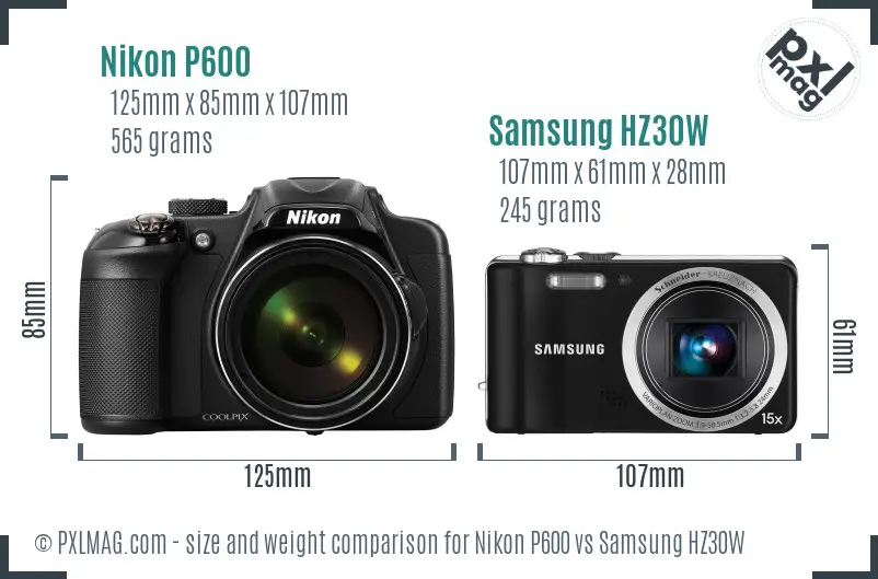 Nikon P600 vs Samsung HZ30W size comparison