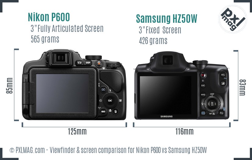 Nikon P600 vs Samsung HZ50W Screen and Viewfinder comparison