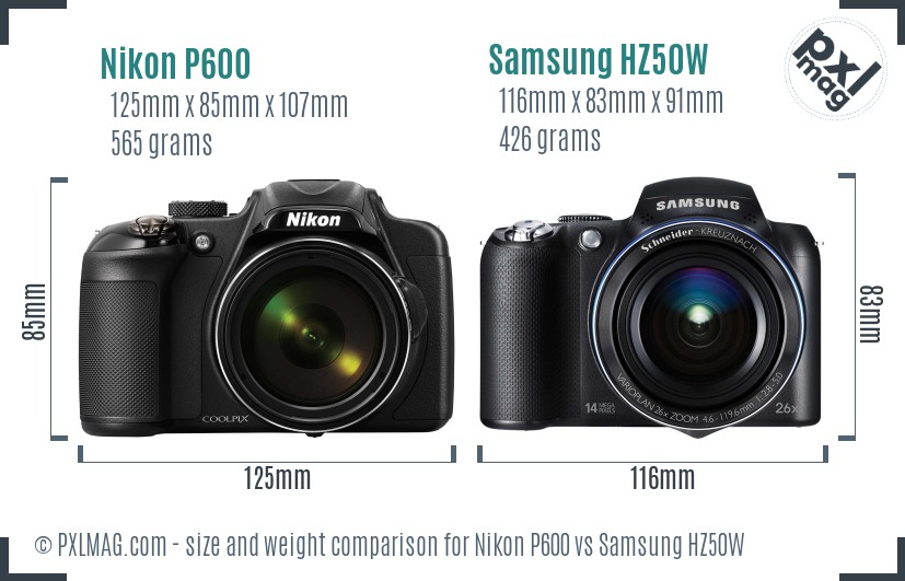 Nikon P600 vs Samsung HZ50W size comparison