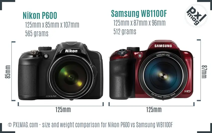 Nikon P600 vs Samsung WB1100F size comparison