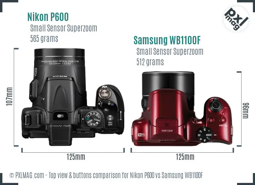 Nikon P600 vs Samsung WB1100F top view buttons comparison
