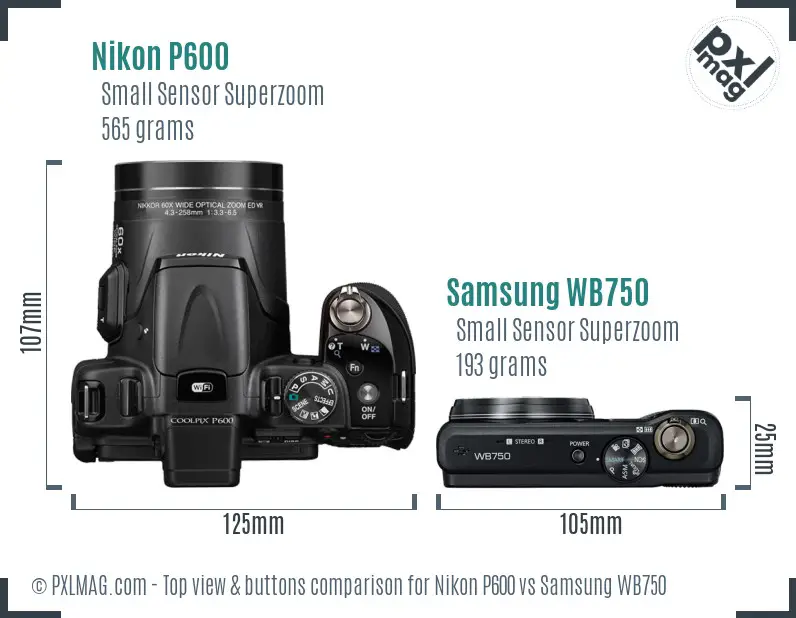 Nikon P600 vs Samsung WB750 top view buttons comparison Nikon P600 vs Samsung WB750 top view buttons comparison