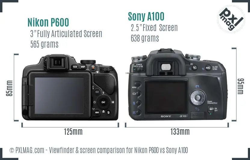 Nikon P600 vs Sony A100 Screen and Viewfinder comparison