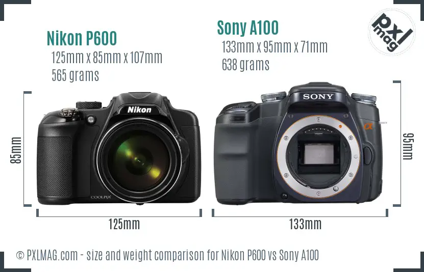 Nikon P600 vs Sony A100 size comparison