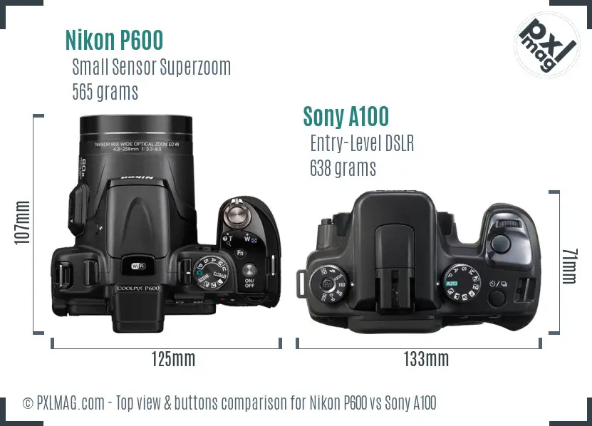Nikon P600 vs Sony A100 top view buttons comparison