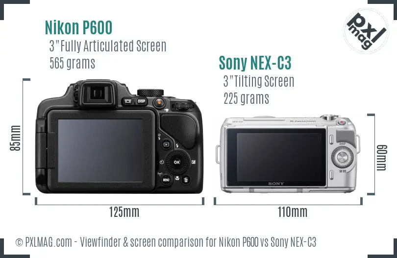 Nikon P600 vs Sony NEX-C3 Screen and Viewfinder comparison