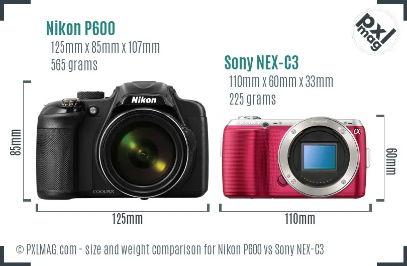 Nikon P600 vs Sony NEX-C3 size comparison