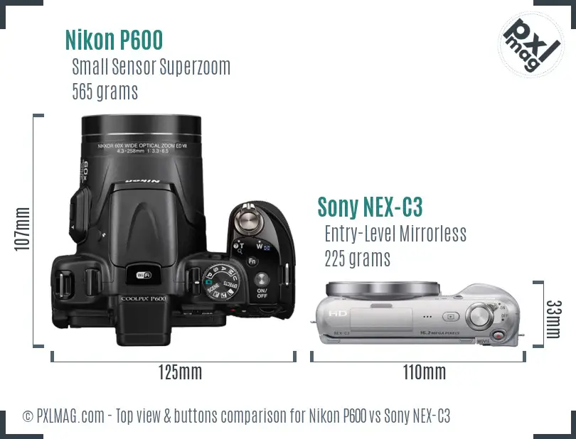 Nikon P600 vs Sony NEX-C3 top view buttons comparison