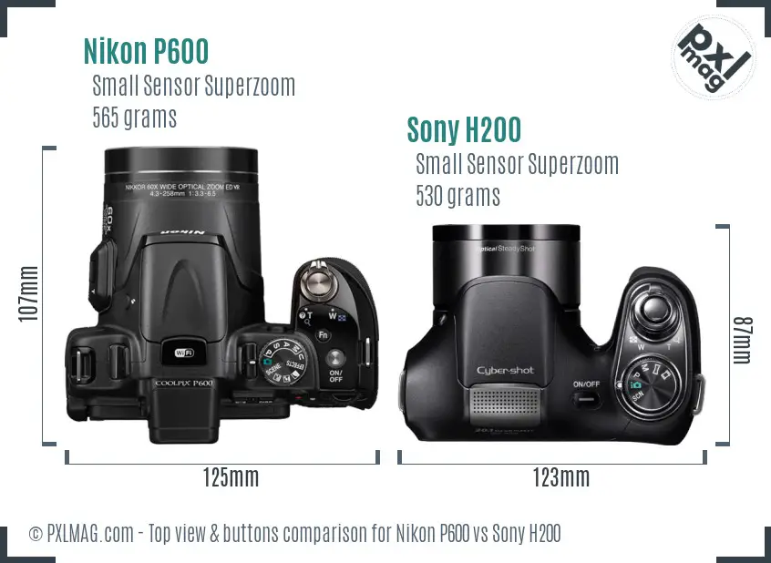 Nikon P600 vs Sony H200 top view buttons comparison Nikon P600 vs Sony H200 top view buttons comparison