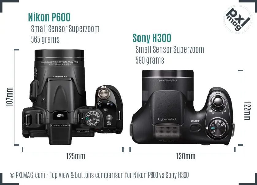 Nikon P600 vs Sony H300 top view buttons comparison